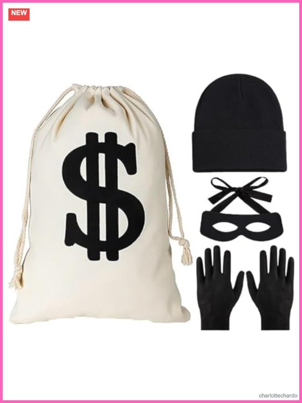 4pc Robber Costume Accessory Set Canvas Money Bag Beanie Eye Mask Gloves